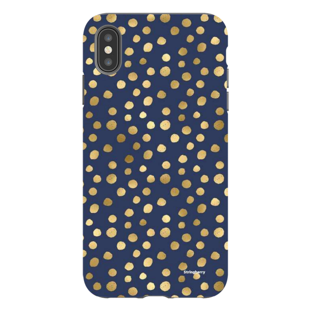 Navy blue iPhone tough case featuring a high-definition gold polka dot pattern and a durable dual-layer design.