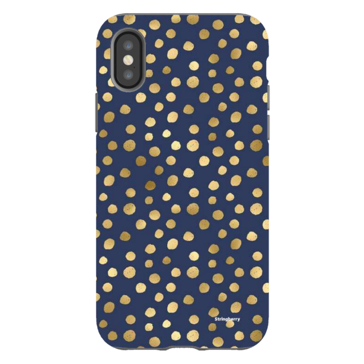 Navy blue iPhone tough case featuring a gold polka dot pattern with dual-layer protection and precise camera cutouts.