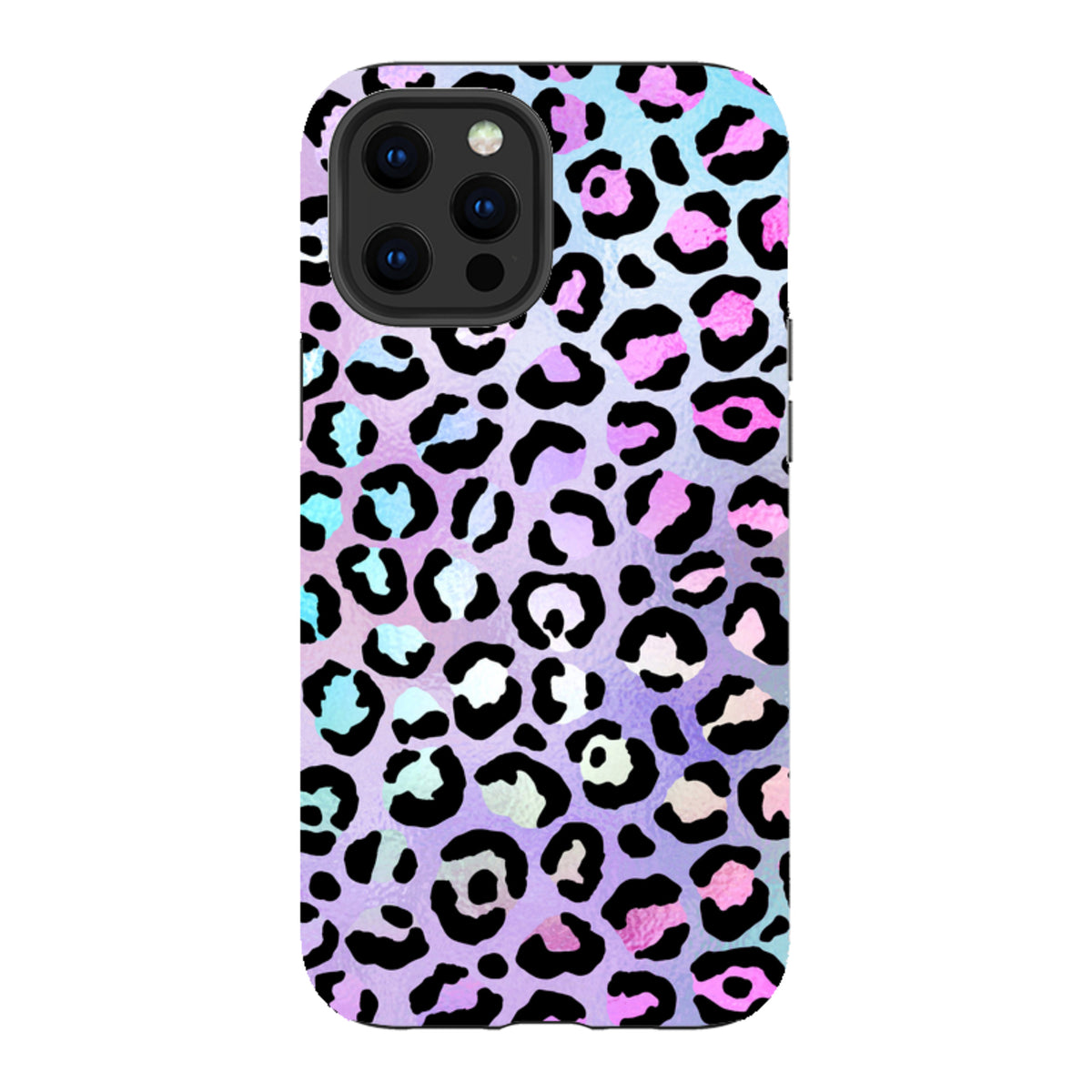 iPhone Tough Case in Neofelis leopard print with a vibrant purple, pink, and blue gradient dual-layer design.