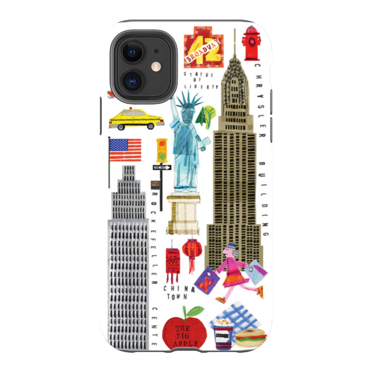 iPhone tough case featuring colorful New York City icons, landmarks, and Broadway art on a durable dual-layer shell.