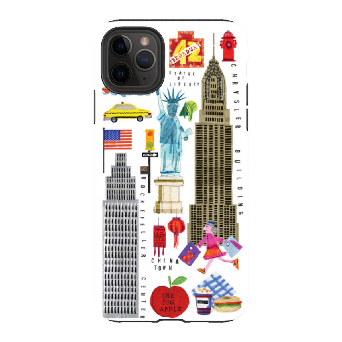 Dual-layer iPhone tough case featuring colorful New York City icons and landmarks in a whimsical collage art style.