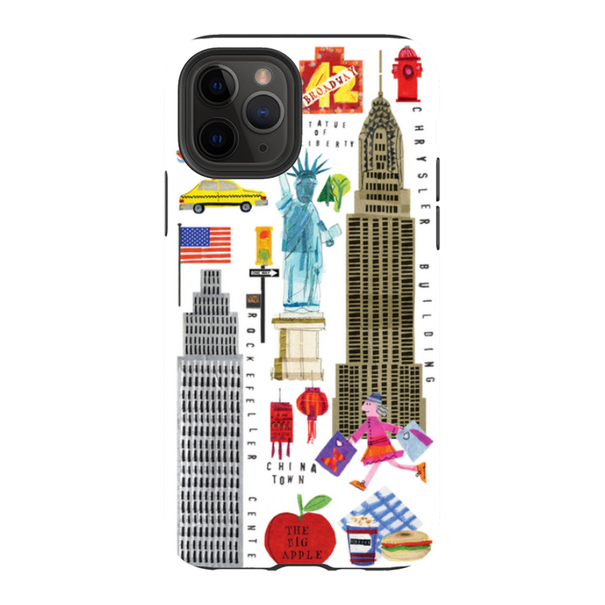 iPhone tough case featuring colorful New York City icons, landmarks, and collage-style illustrations on a white background.