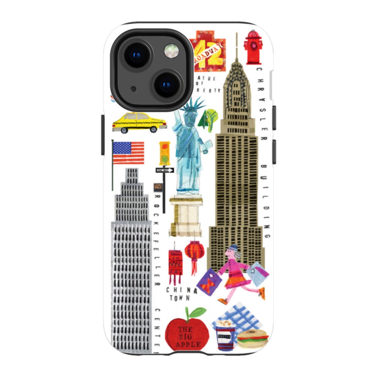 iPhone tough case featuring Tracey English's colorful New York City icons illustration on a white dual-layer shell.