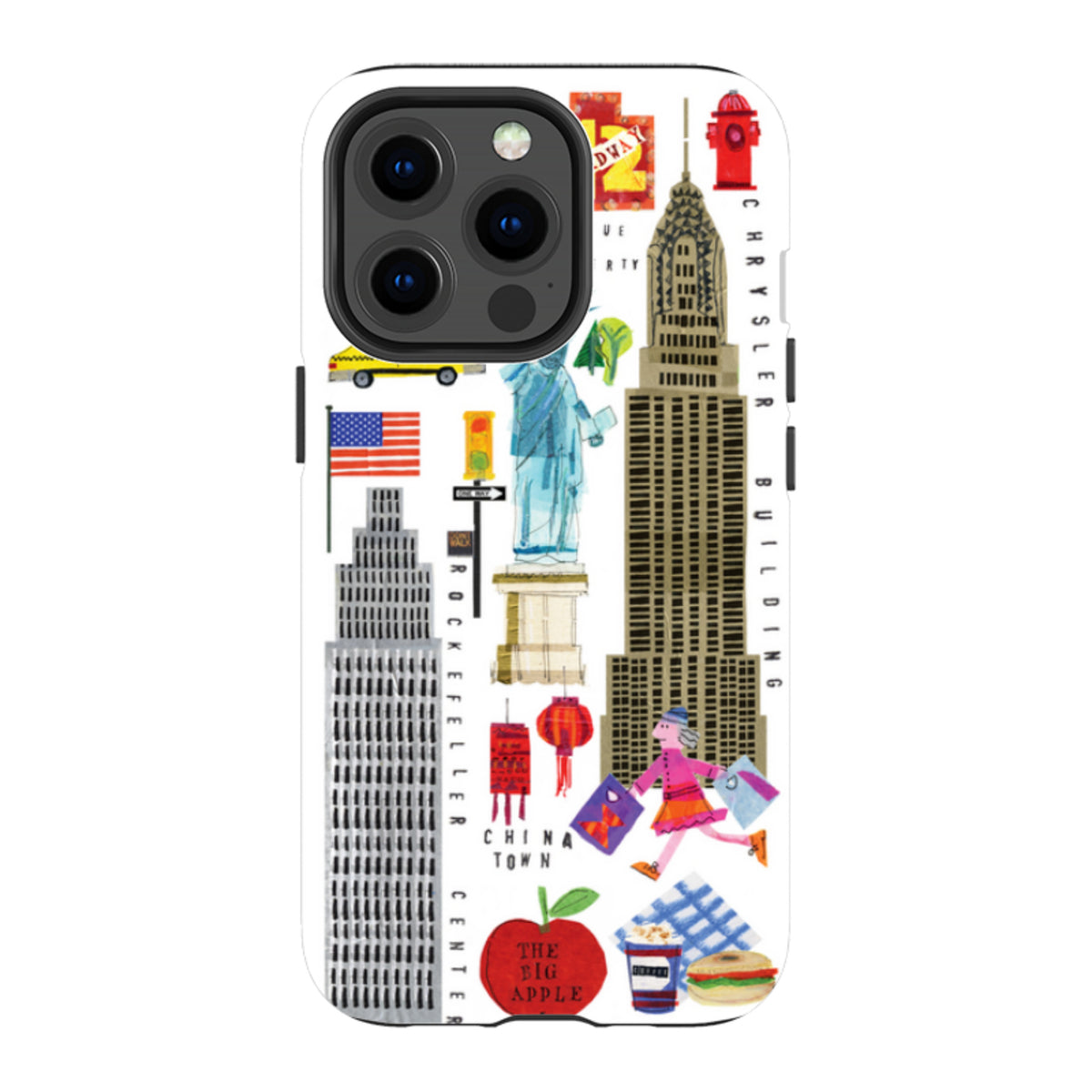 Dual-layer iPhone case with colorful New York City icons and landmarks in a whimsical, collage-style illustration.