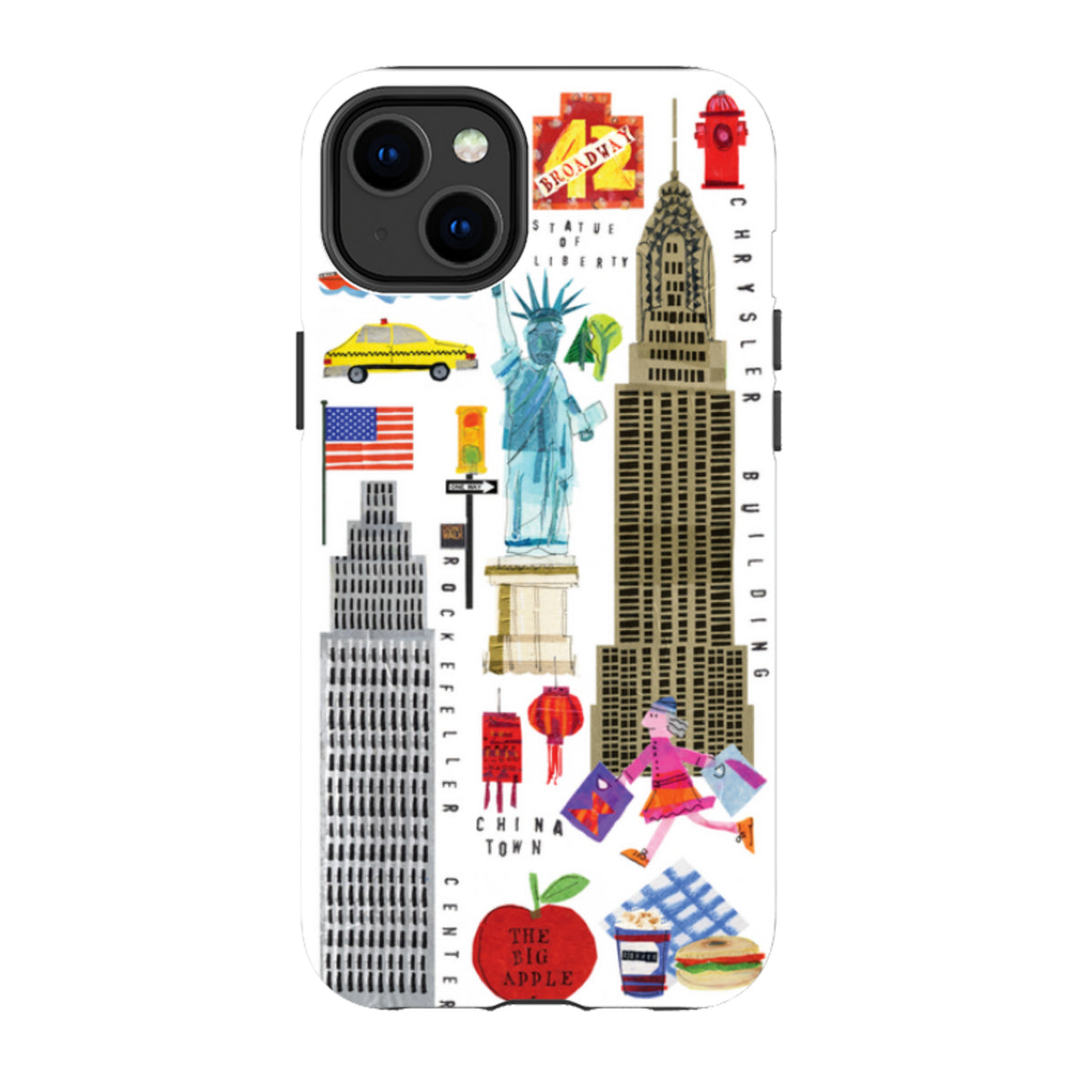 iPhone tough case featuring Tracey English’s colorful New York City icons, including the Statue of Liberty and skyscrapers.