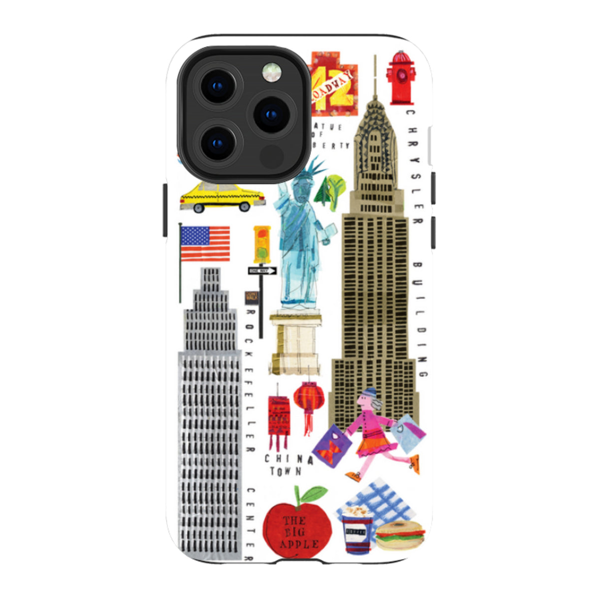 iPhone tough case featuring Tracey English's colorful New York City icons illustration on a white background.