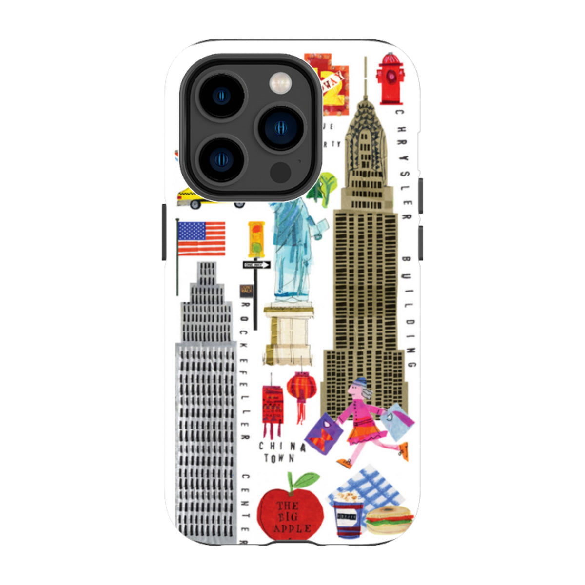 iPhone tough case featuring colorful New York City icons, landmarks, and collage-style artwork on a white background.