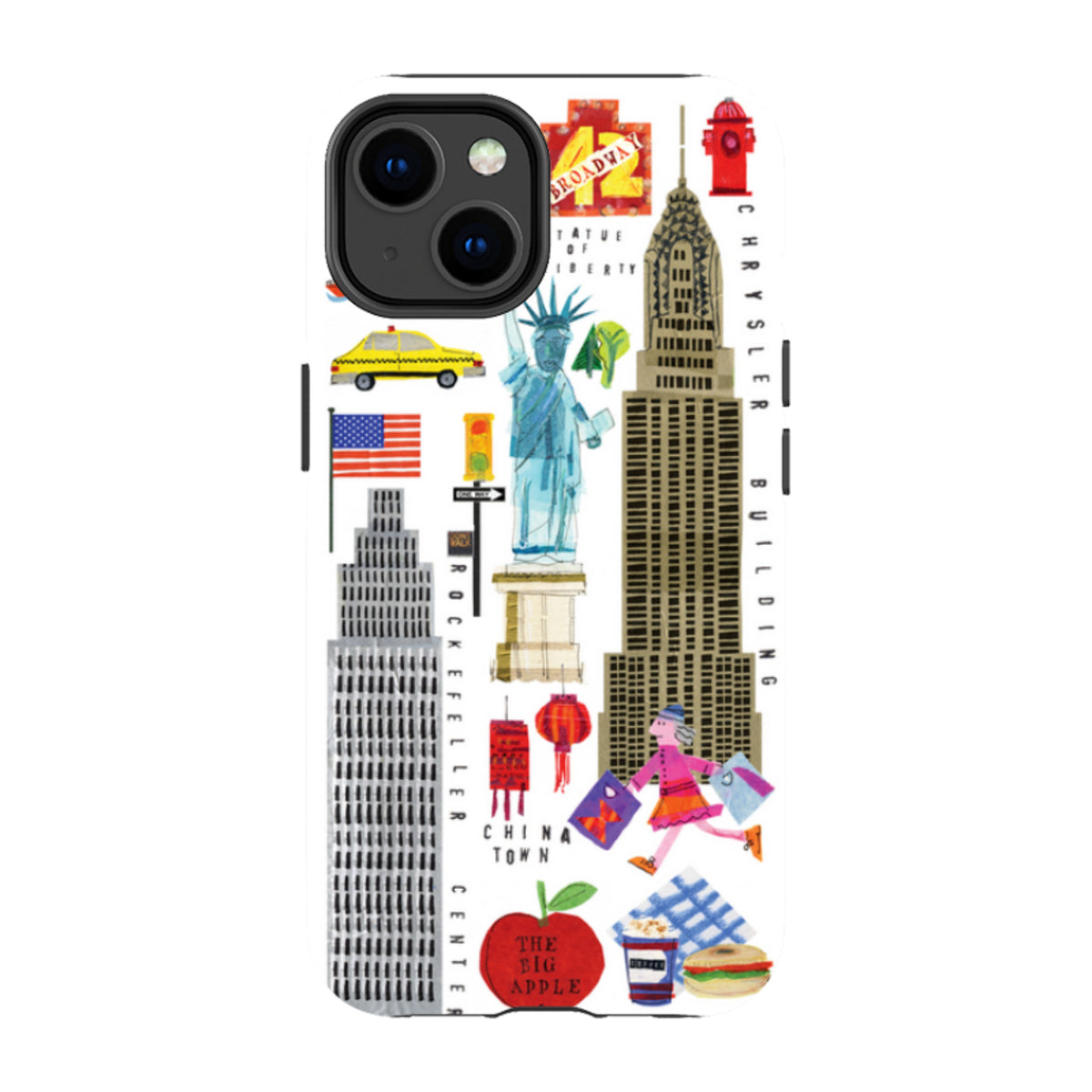 Dual-layer iPhone tough case featuring colorful New York City icons and landmarks in a vibrant collage illustration.