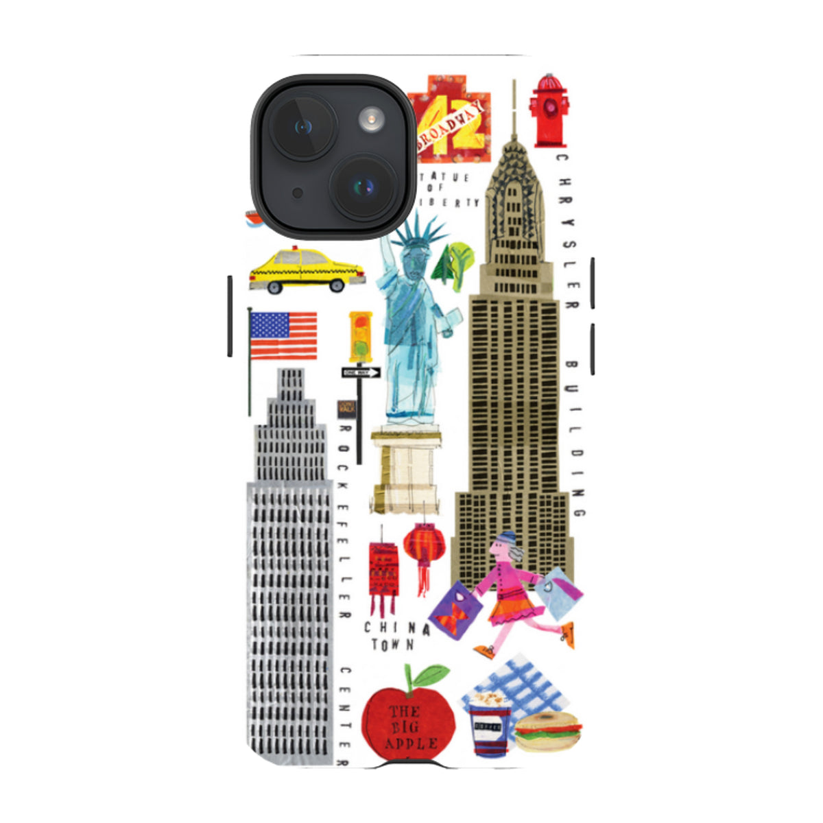 iPhone tough case featuring Tracey English New York icons like the Statue of Liberty, Chrysler Building, and yellow taxi.