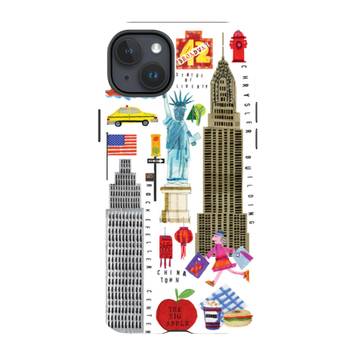 iPhone Tough Case featuring colorful New York City icons, landmarks, and collage-style illustrations on a white background.