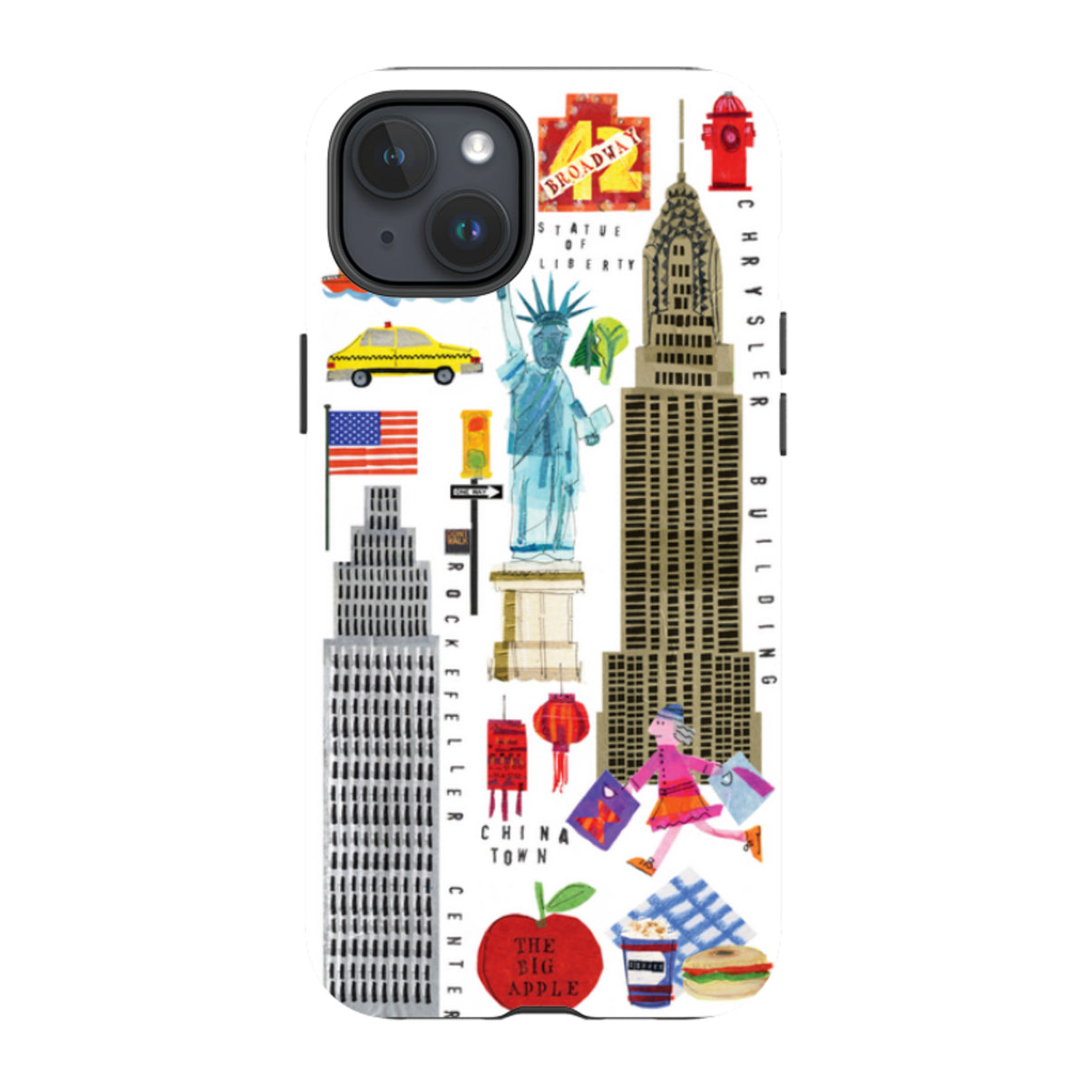 iPhone tough case featuring colorful New York City icon illustrations, including the Statue of Liberty and Chrysler Building.