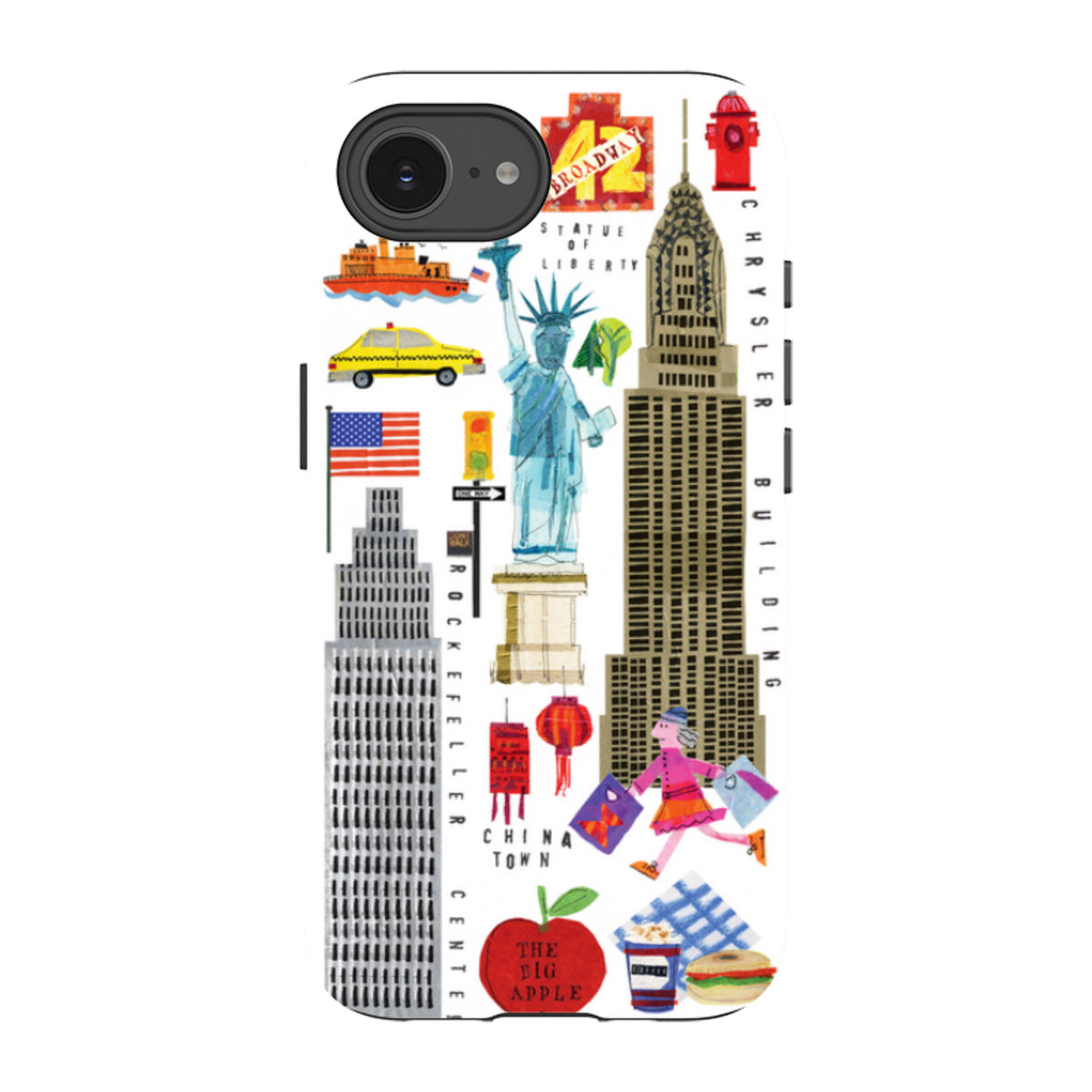 iPhone tough case featuring colorful New York City icons, Statue of Liberty, and skyscrapers on a white background.