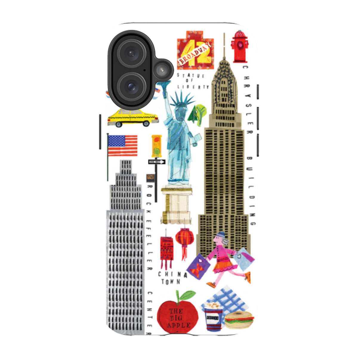 Dual-layer iPhone case featuring colorful New York City icons, landmarks, and collage-style illustrations on white.