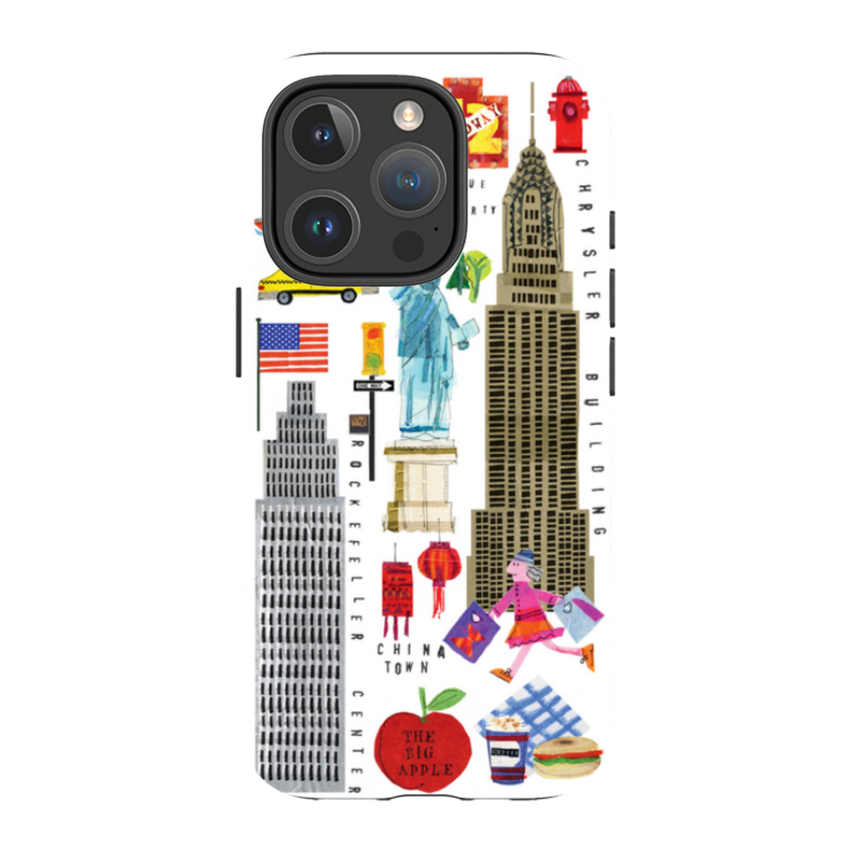 iPhone tough case featuring colorful New York City icons, landmarks, and collage-style illustrations on a white background.