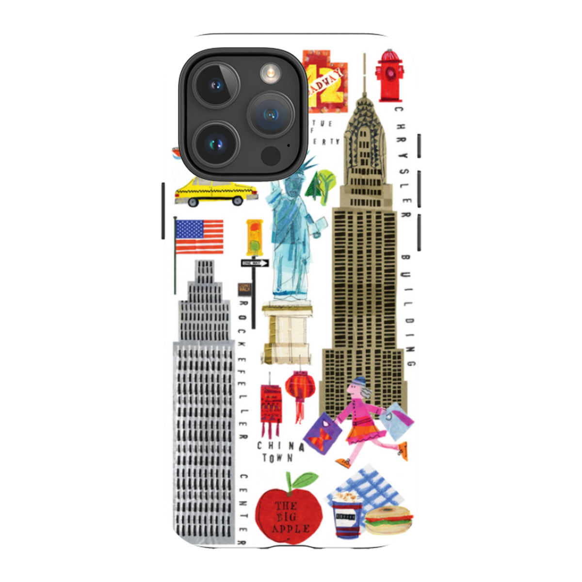 Dual-layer iPhone case featuring Tracey English's colorful New York City icons, landmarks, and Big Apple illustration.