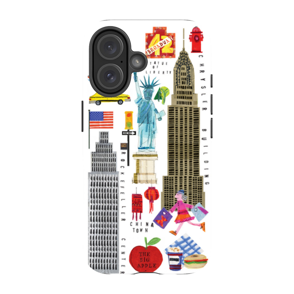 iPhone tough case featuring colorful New York City icons, Statue of Liberty, and Chrysler Building collage art.