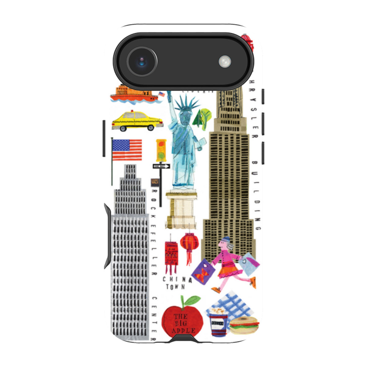 iPhone tough case featuring colorful New York City icons, Statue of Liberty, and skyscrapers on a white background.