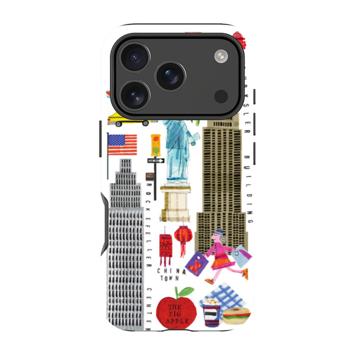 iPhone tough case featuring colorful New York City icons, landmarks, and Big Apple illustrations on a white background.