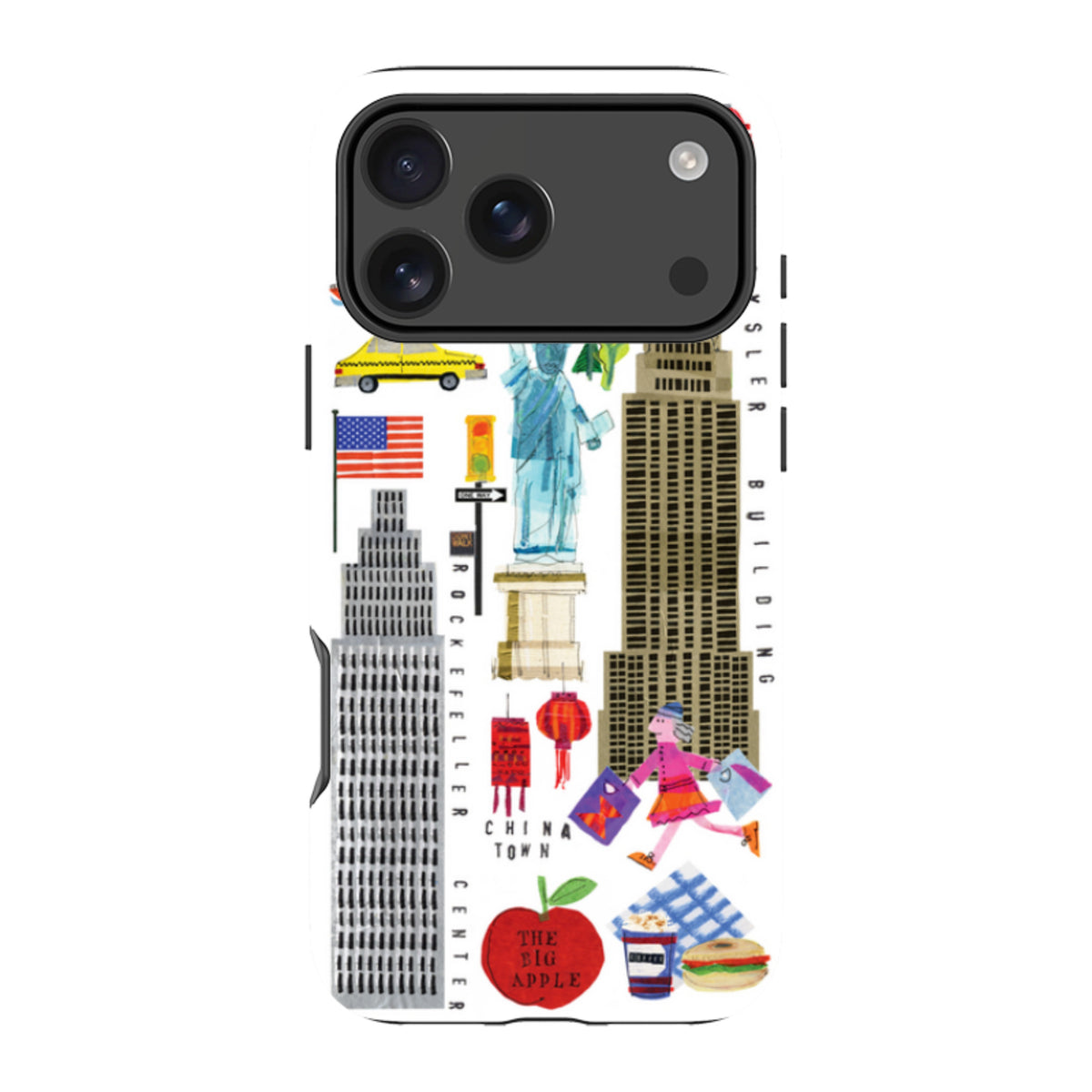 iPhone tough case featuring colorful New York City icons, landmarks, and Big Apple illustration on a white background.
