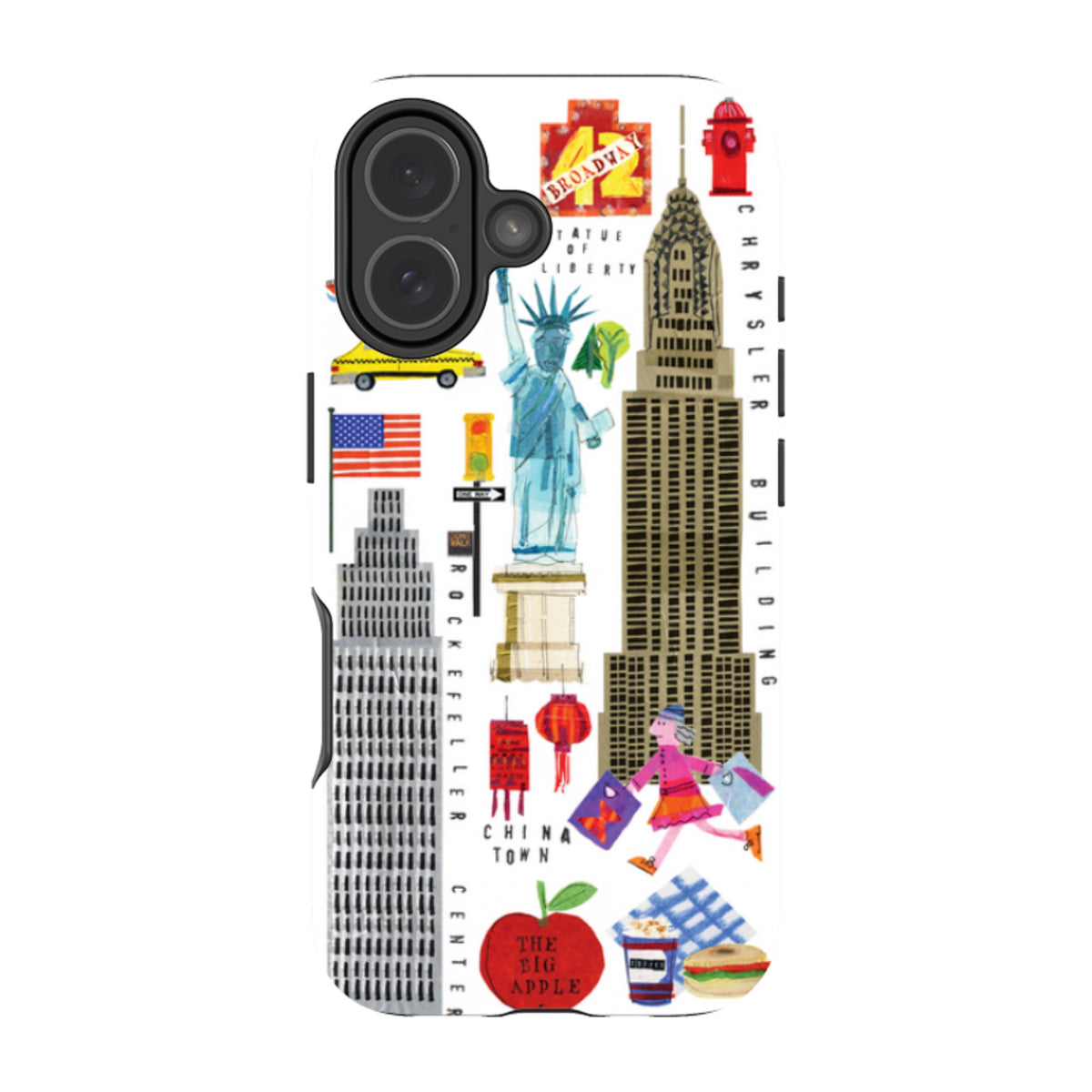 Dual-layer iPhone case featuring colorful New York City icons, landmarks, and collage-style illustrations on a white background.