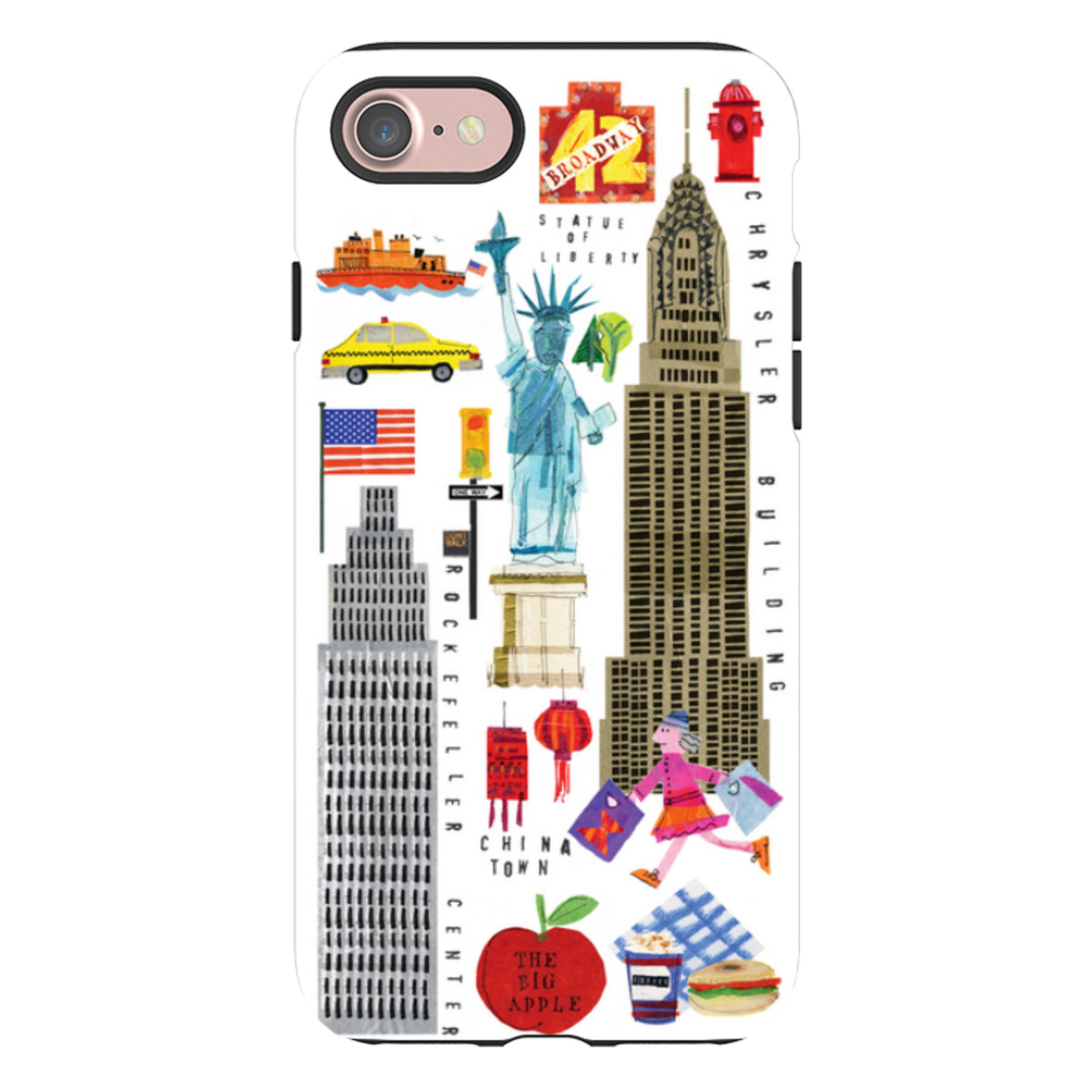 iPhone tough case featuring colorful New York City icons, landmarks, and a dual-layer protective design on a white background.