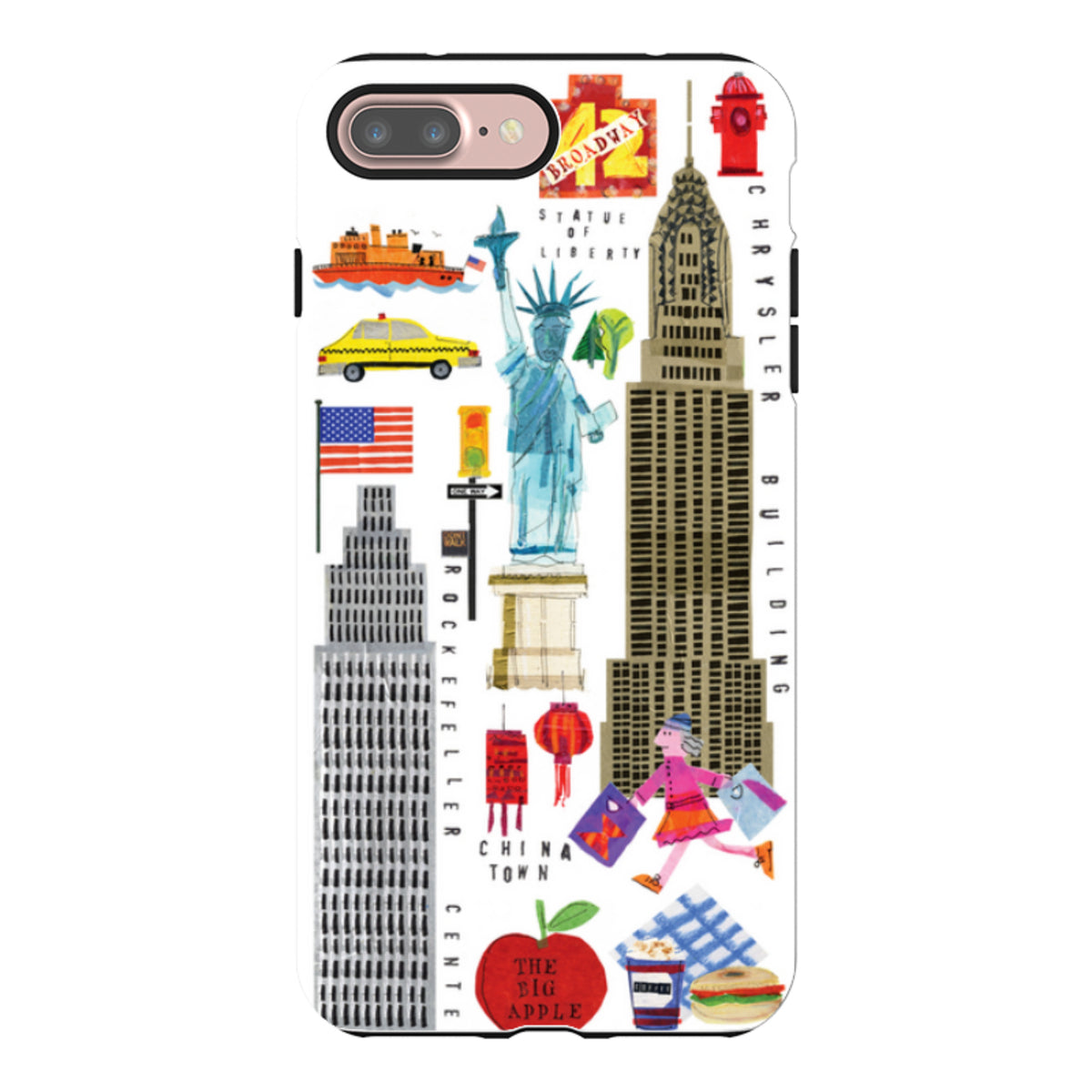 Dual-layer iPhone case featuring Tracey English’s colorful New York City icons, including the Statue of Liberty and skyline.
