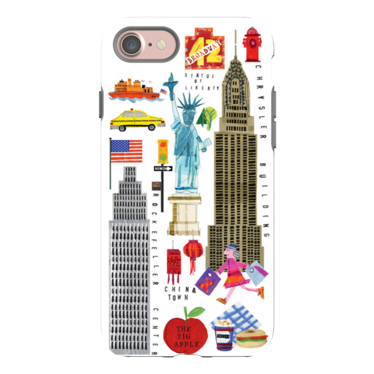 Dual-layer iPhone case featuring colorful New York City icons, Statue of Liberty, and Chrysler Building artwork.