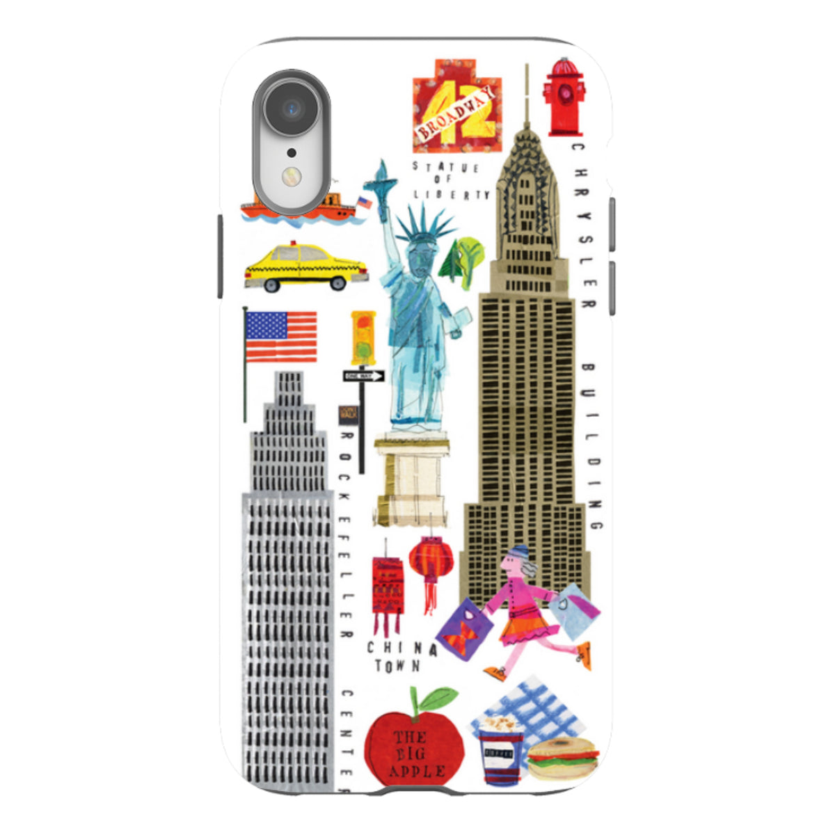 Dual-layer iPhone case featuring colorful New York City icons, landmarks, and Broadway art by Tracey English.