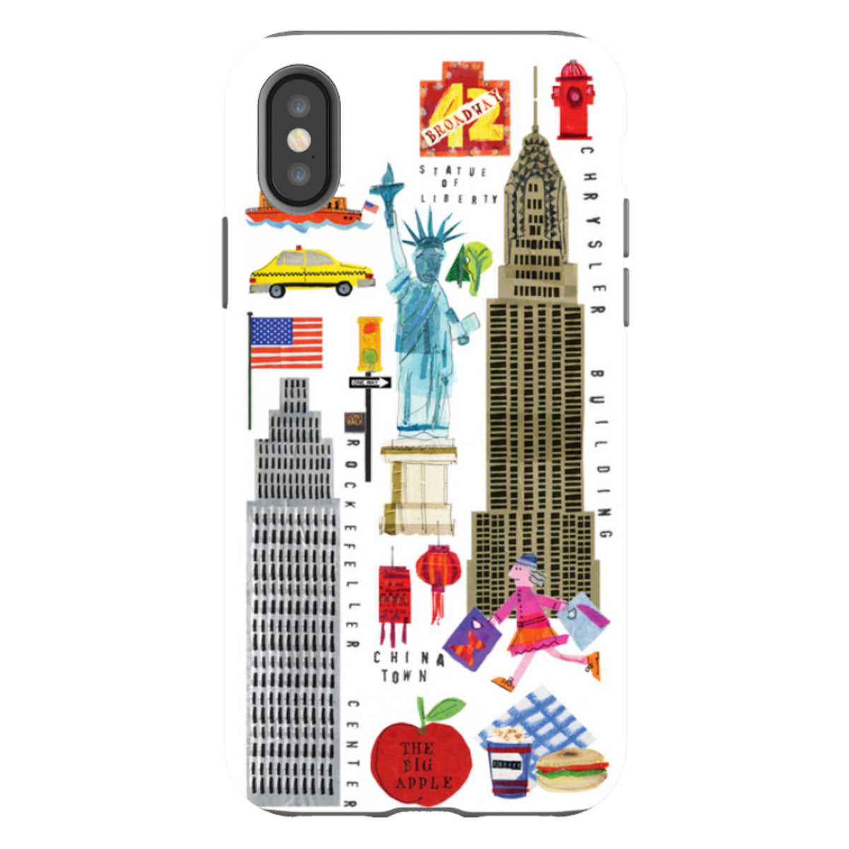 iPhone tough case featuring colorful New York City icons, Statue of Liberty, and Chrysler Building on a white background.