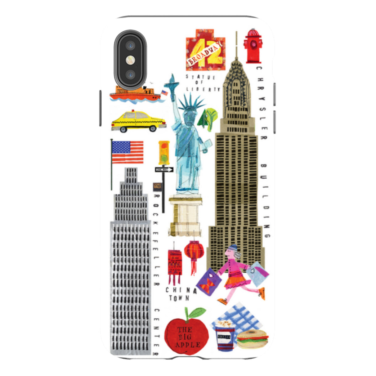 iPhone tough case featuring colorful New York City icons, Statue of Liberty, and Chrysler Building illustrations.