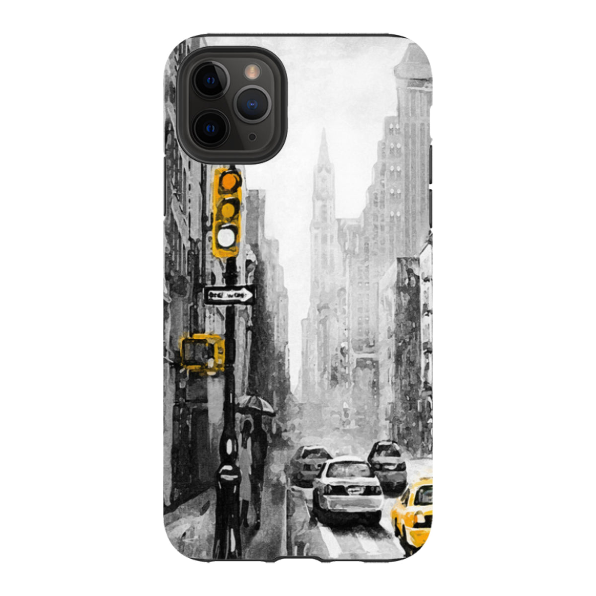 Dual-layer iPhone case featuring a black and white New York city street scene with vibrant yellow taxi and traffic light.