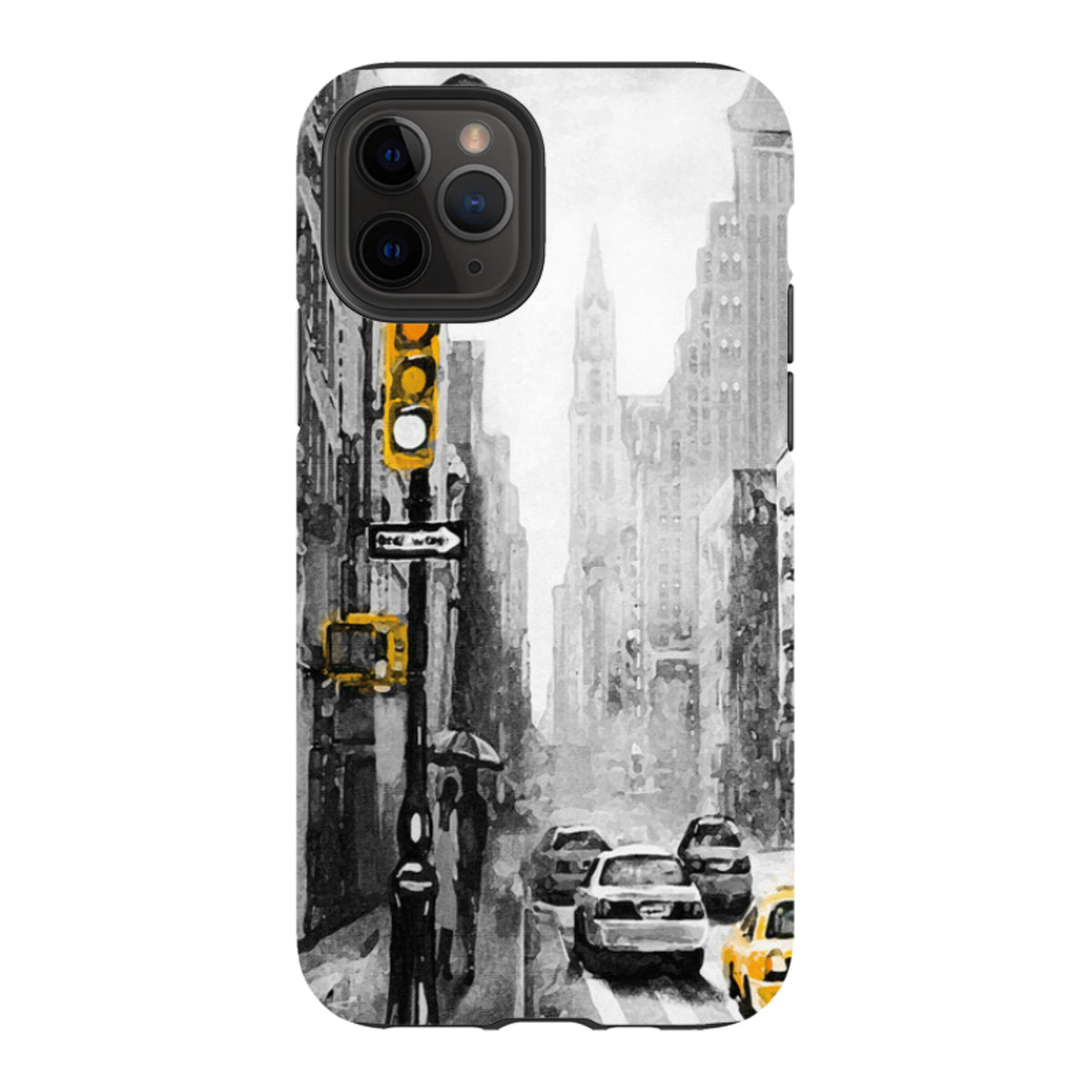Dual-layer iPhone case featuring a black and white New York street scene with vibrant yellow taxi and traffic light accents.