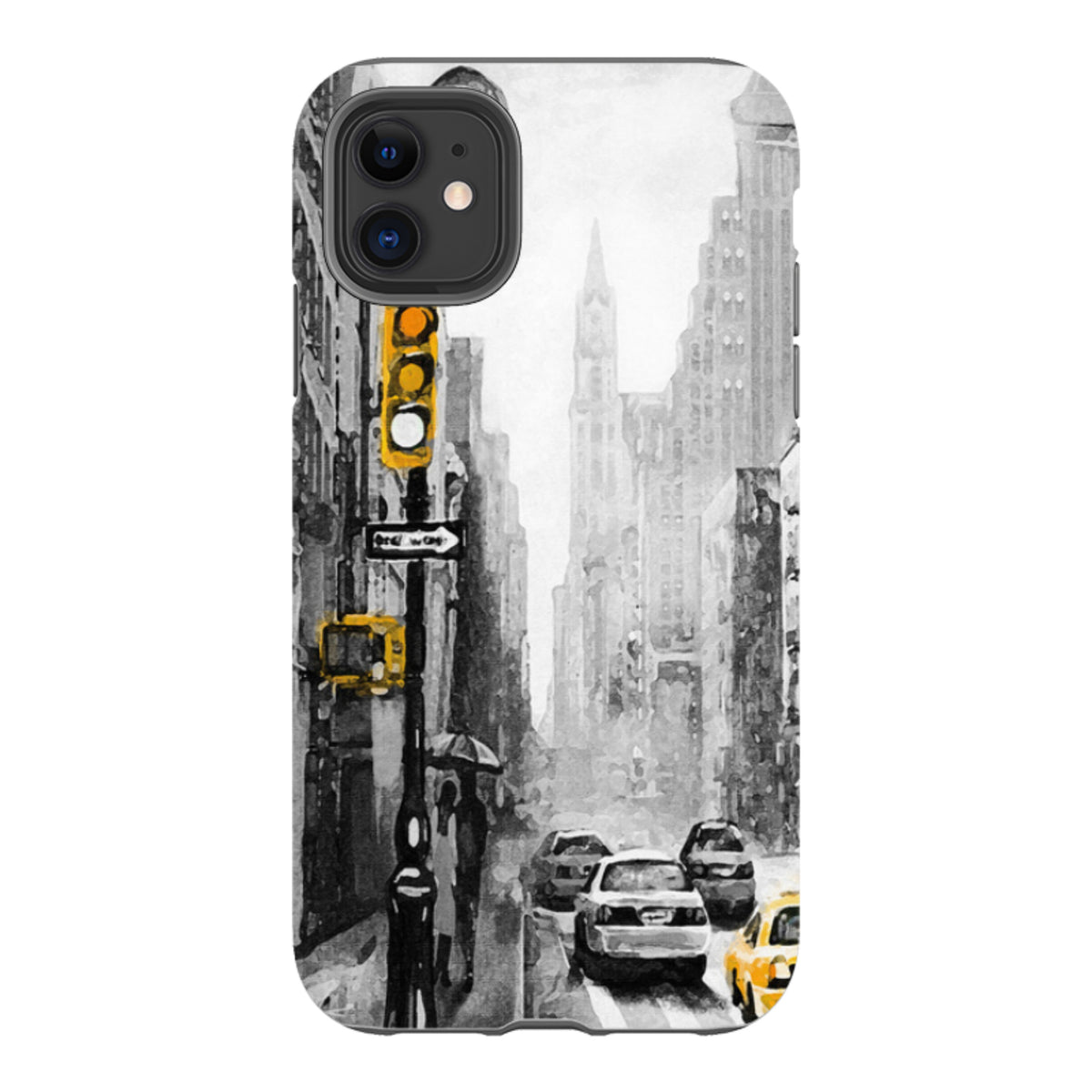 iPhone tough case featuring a black and white New York city street scene with vibrant yellow traffic lights and taxi.