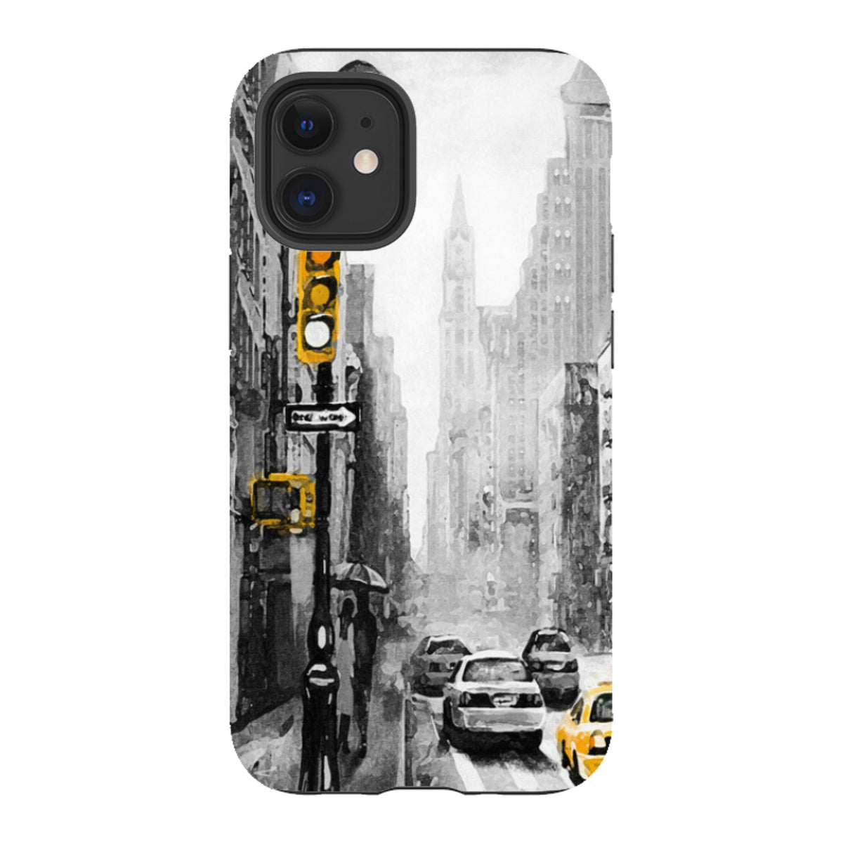 iPhone tough case featuring a black and white New York city street scene with vibrant yellow taxi and traffic light accents.