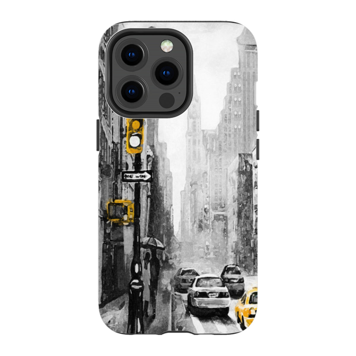 Dual-layer iPhone case featuring a black and white New York city street scene with vibrant yellow taxi and traffic light.