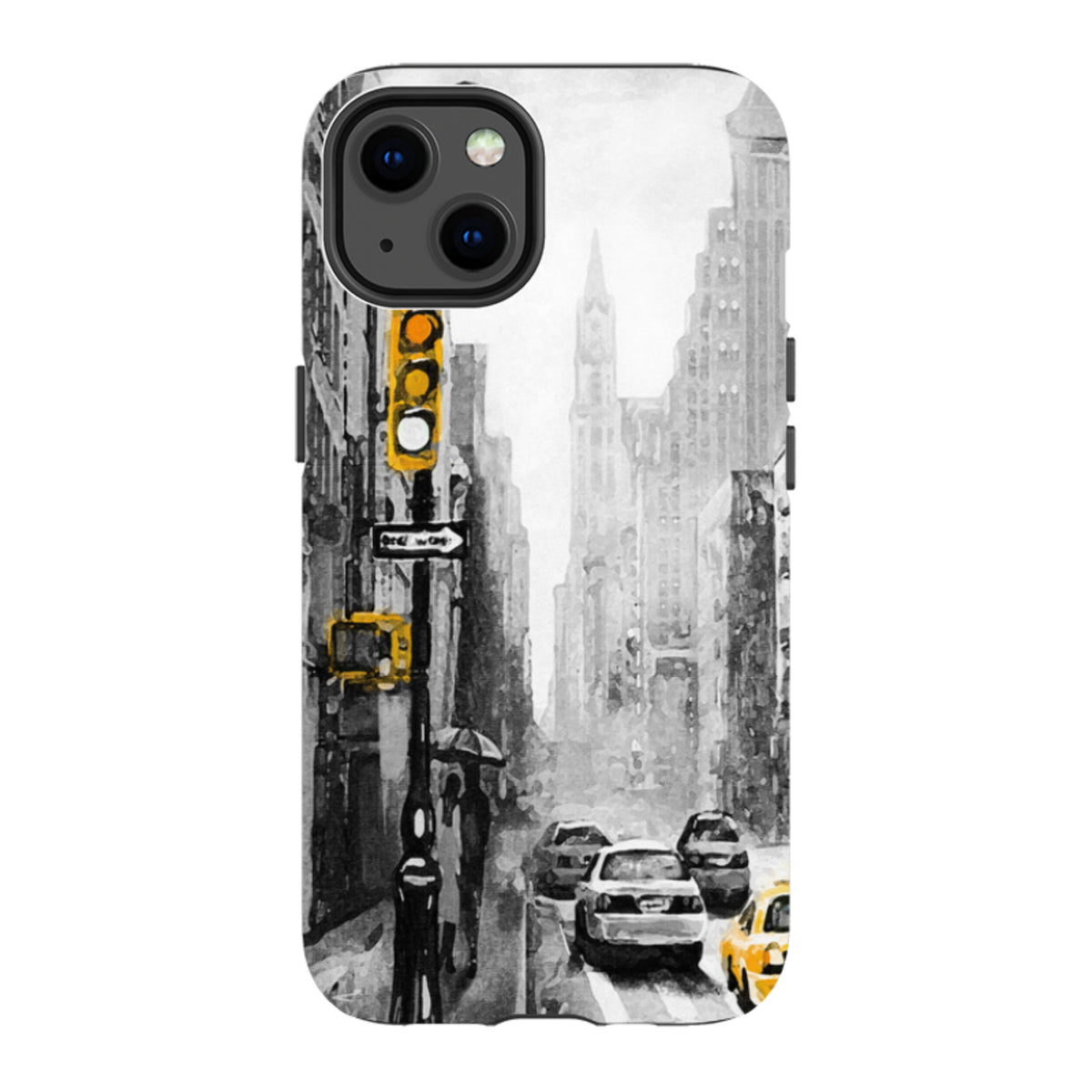 Dual-layer iPhone tough case featuring a black and white New York city street scene with vibrant yellow taxi and traffic light.