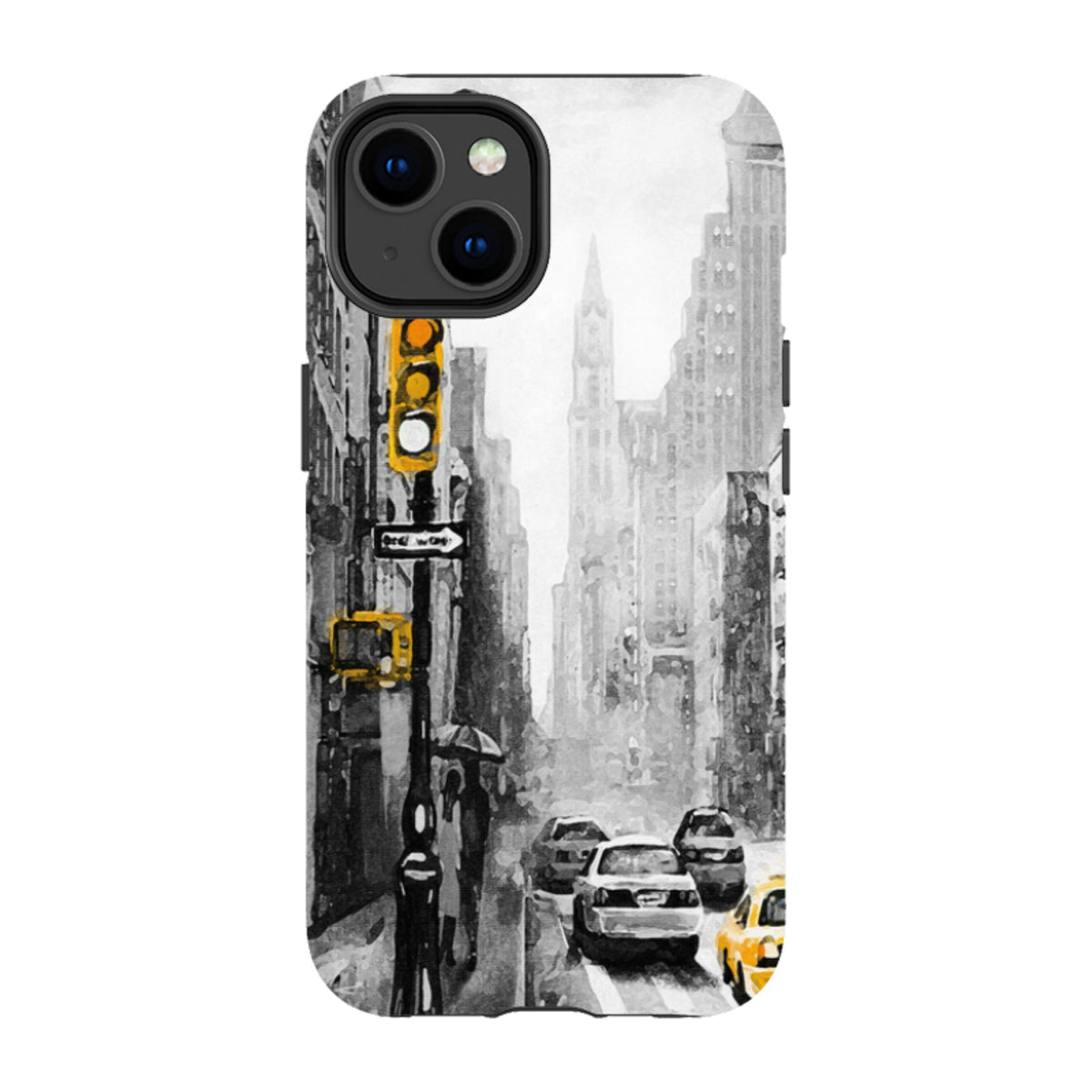 Dual-layer iPhone tough case featuring a black and white New York city street scene with vibrant yellow accents.