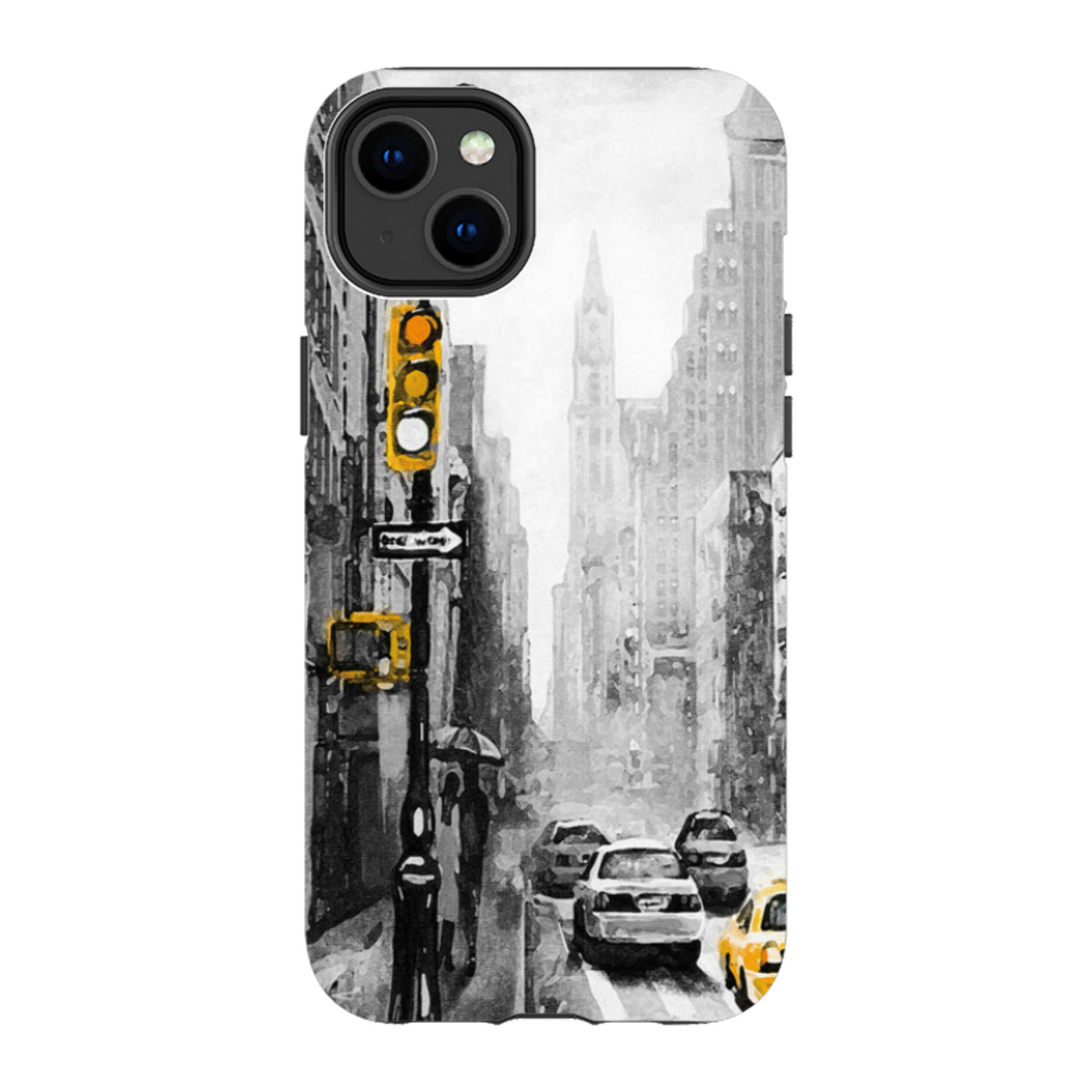iPhone tough case featuring a black and white New York street scene with vibrant yellow traffic light and taxi accents.