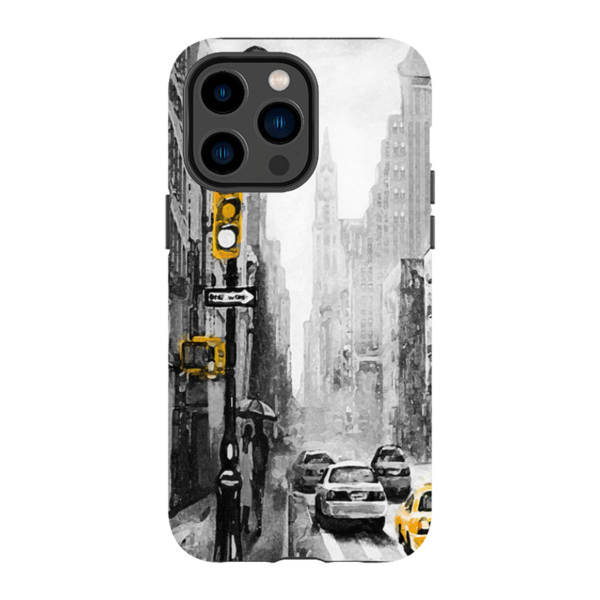 iPhone Tough Case featuring a black and white New York city street scene with vibrant yellow taxi and traffic light accents.