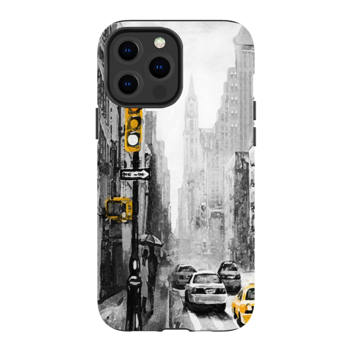 iPhone tough case featuring a black and white New York city street scene with vibrant yellow traffic light and taxi accents.