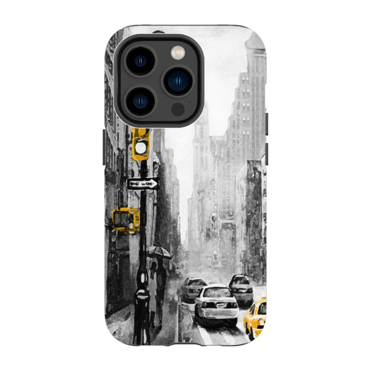 Dual-layer iPhone case featuring a black and white New York city street scene with vibrant yellow taxi and traffic light accents.
