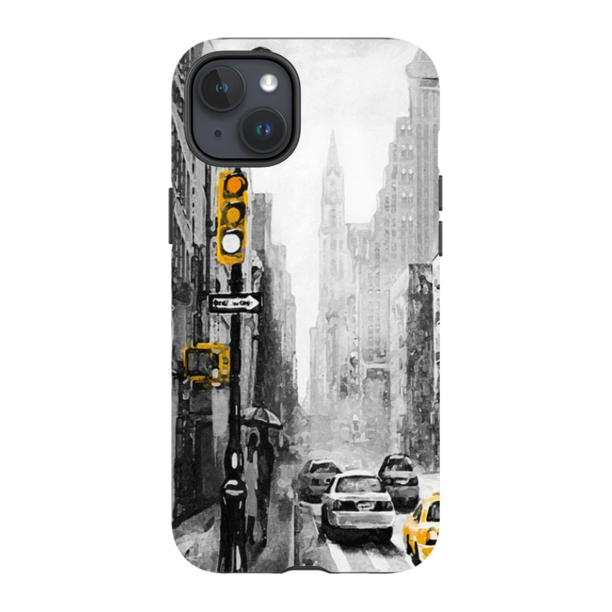 Dual-layer iPhone case featuring a black and white New York city street scene with vibrant yellow traffic light accents.