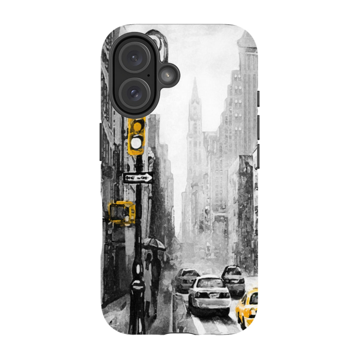 Dual-layer iPhone case featuring a black and white New York city street scene with vibrant yellow taxi and traffic light accents.