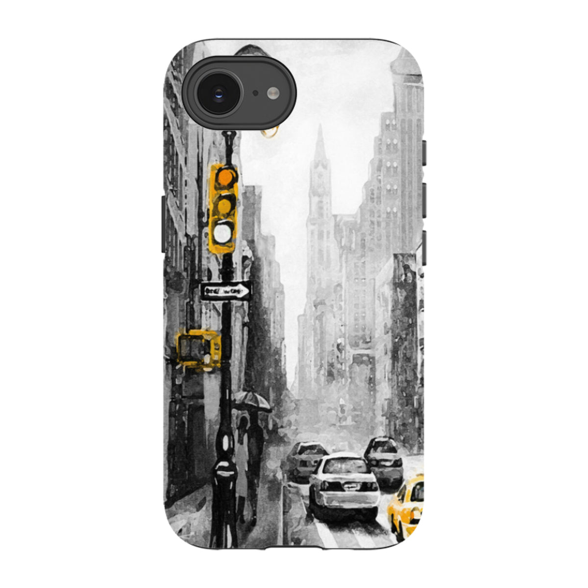 Dual-layer iPhone case featuring a black and white New York street scene with vibrant yellow traffic light and taxi accents.