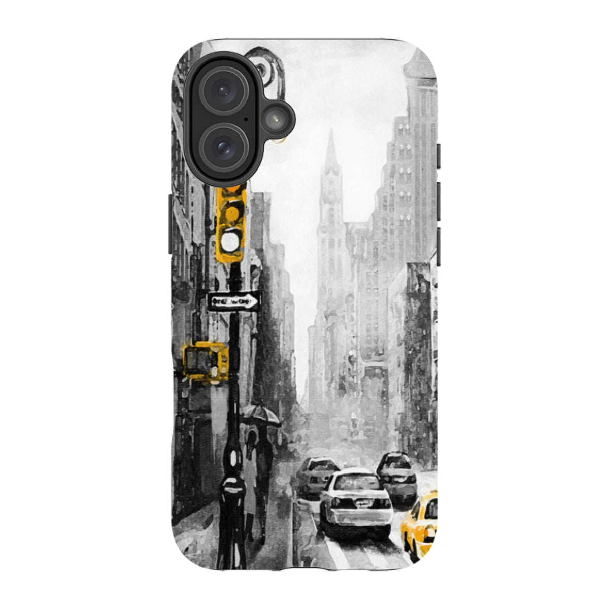 Dual-layer iPhone case featuring a black and white New York city street scene with vibrant yellow traffic light and taxi accents.