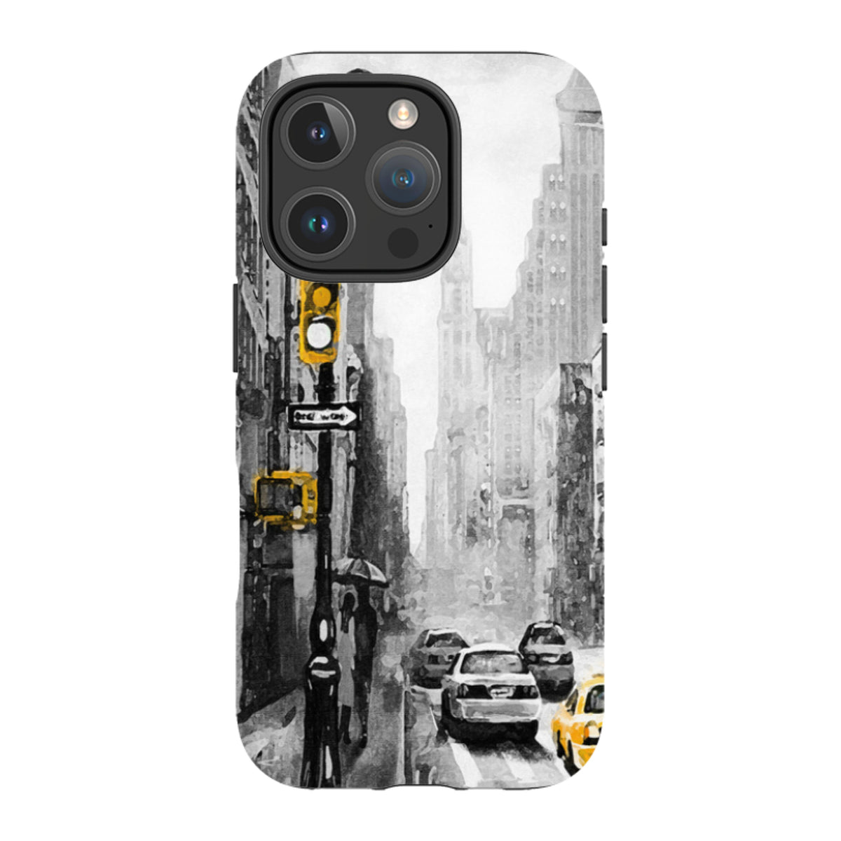 Dual-layer iPhone case featuring a black and white New York city street scene with vibrant yellow taxi and traffic light.