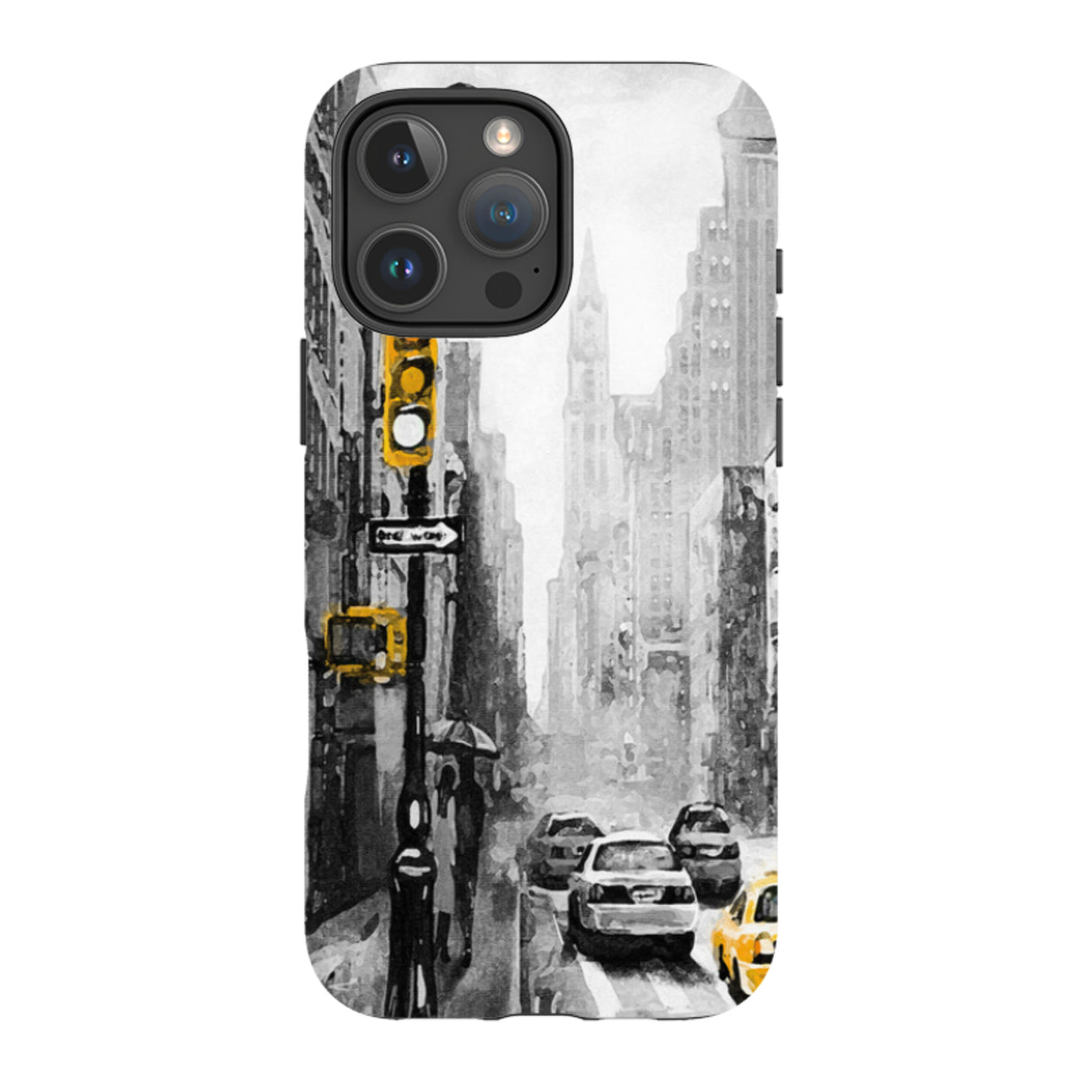 iPhone tough case featuring a black and white New York city street scene with vibrant yellow taxi and traffic light accents.