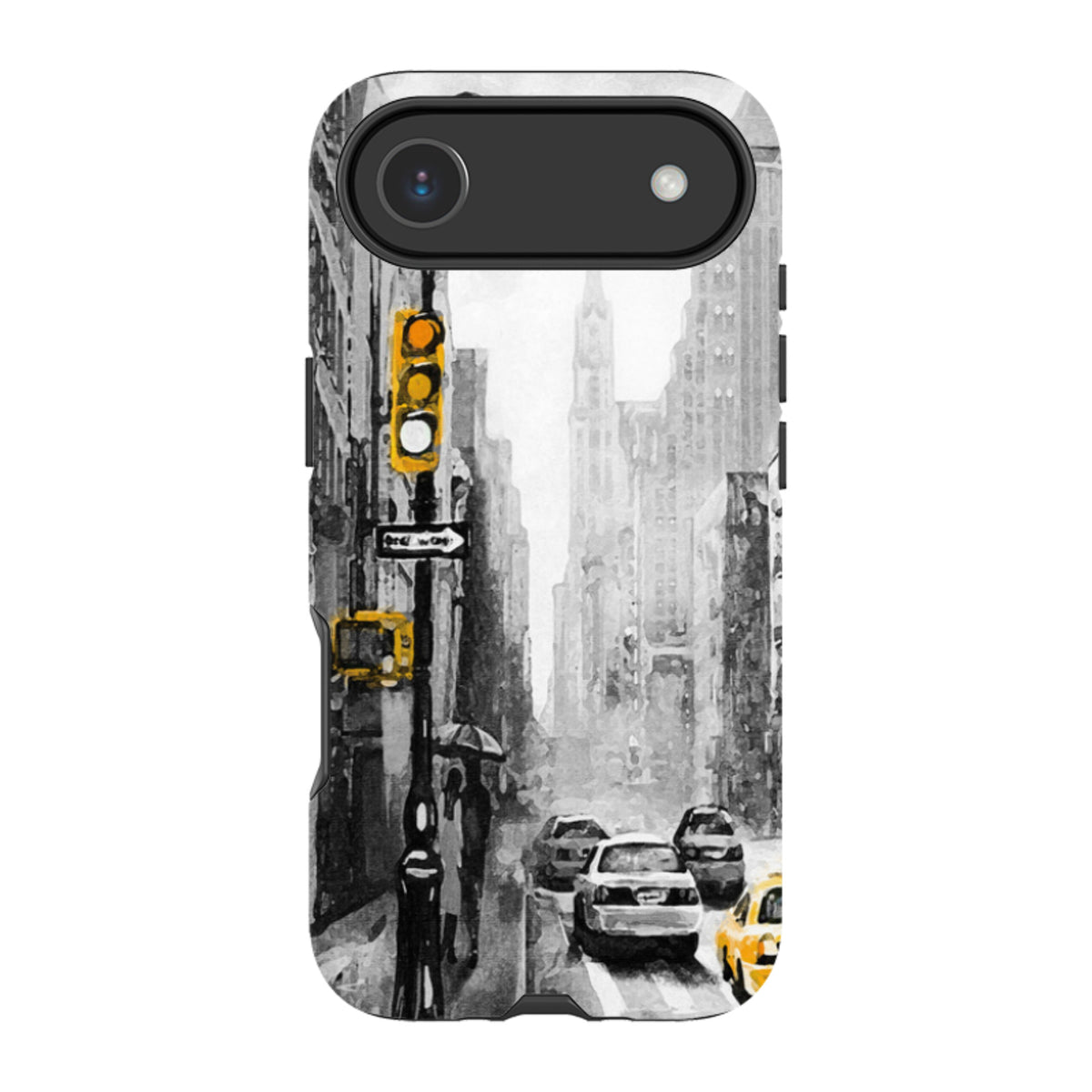Dual-layer iPhone tough case featuring a black and white New York city street scene with vibrant yellow traffic accents.