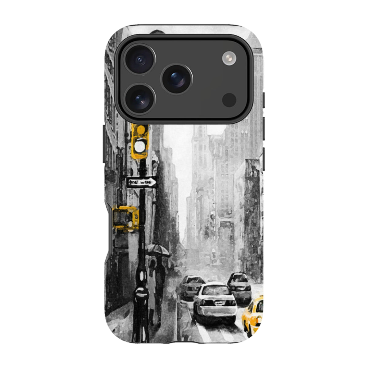 Dual-layer iPhone case featuring a black and white New York street scene with vibrant yellow traffic light and taxi accents.