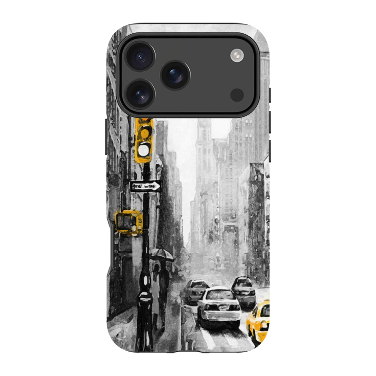 Dual-layer iPhone case featuring a black and white New York city street scene with vibrant yellow taxi and traffic light accents.